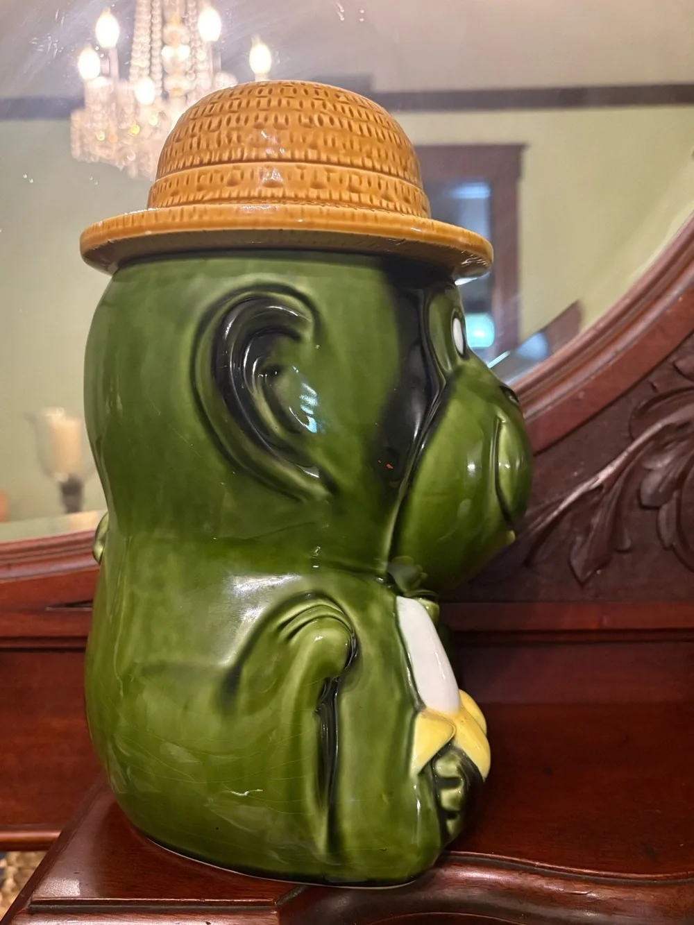 Japanese Green Ceramic Monkey Cookie Jar with Straw Hat
